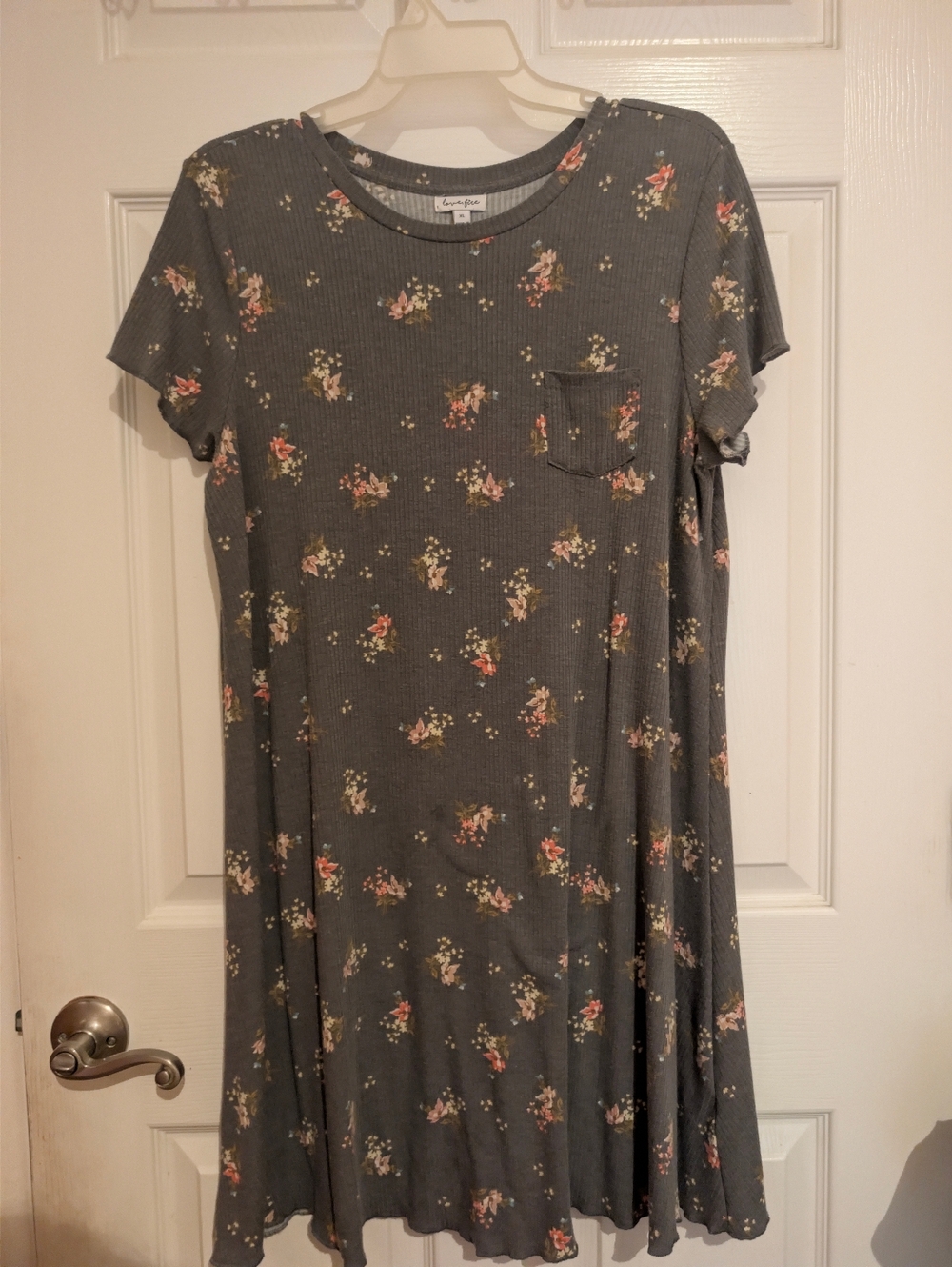 love, Fire Gray Ribbed Tee with Pink and Cream Floral Accents